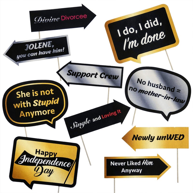 Jazzoo Divine Divorce Party Pack â€“ 10pcs Funny Photo Booth Props Set with Bamboo Sticks & Adhesives â€“ Womenâ€™s Divorce Celebration Decorations - Image 1